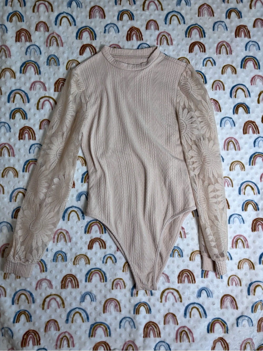 SHEIN Beige Lace-Sleeve Ribbed Bodysuit Sweater